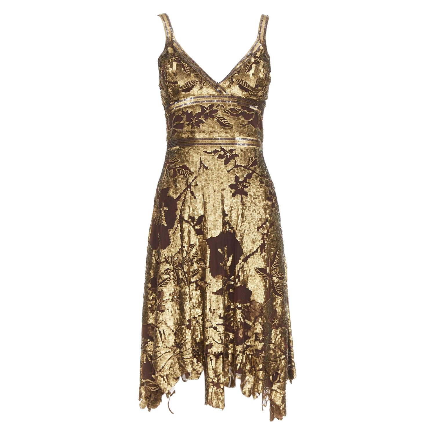 Bronze Silk Floral Sequin Handkerchief Dress