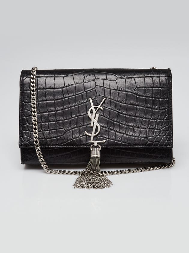 Croc-embossed leather with silver-tone monogram and tassel