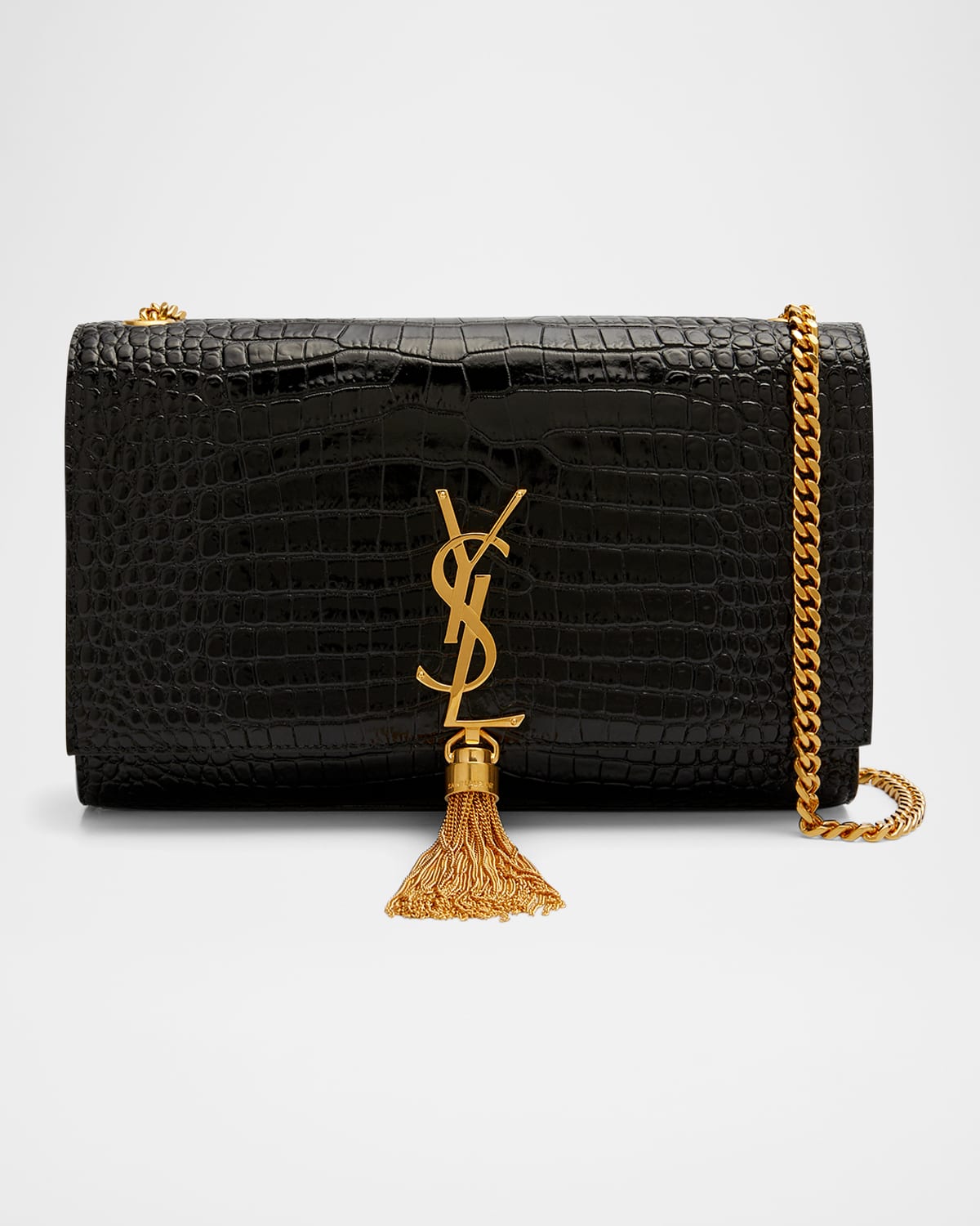 Glossy croc-effect leather with gold hardware and chain strap