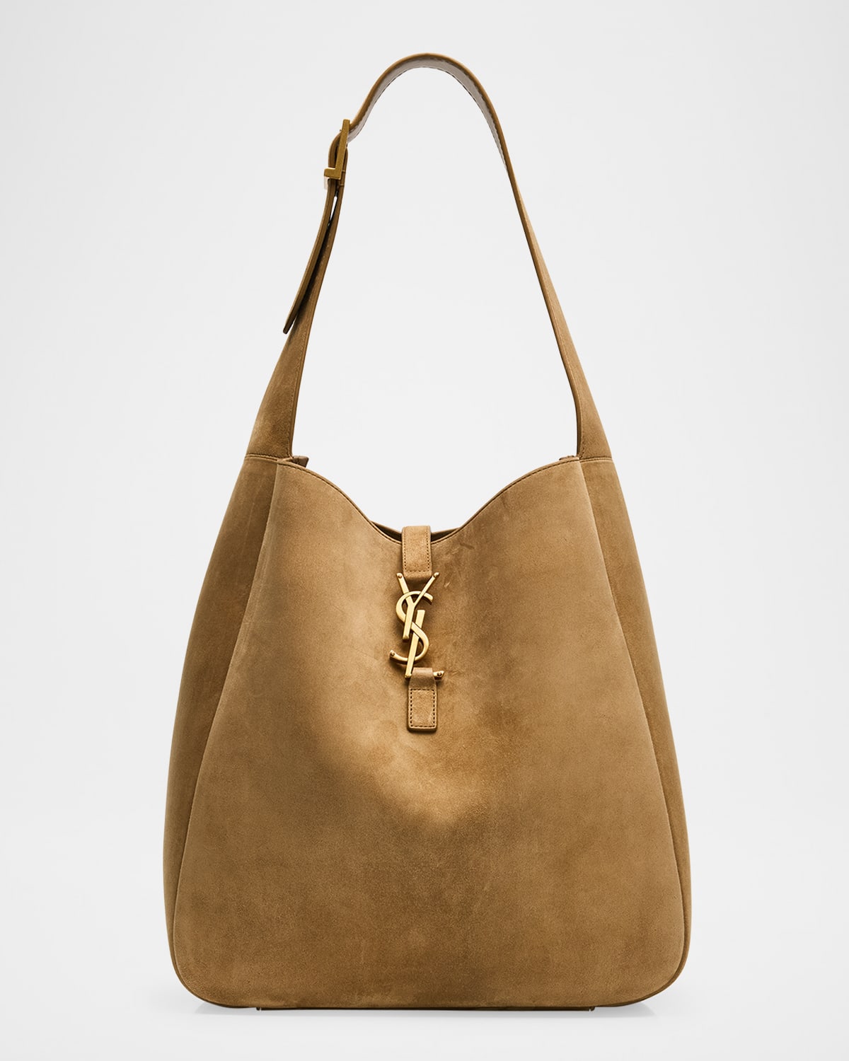 Tan suede iteration with gold-tone monogram and buckle strap