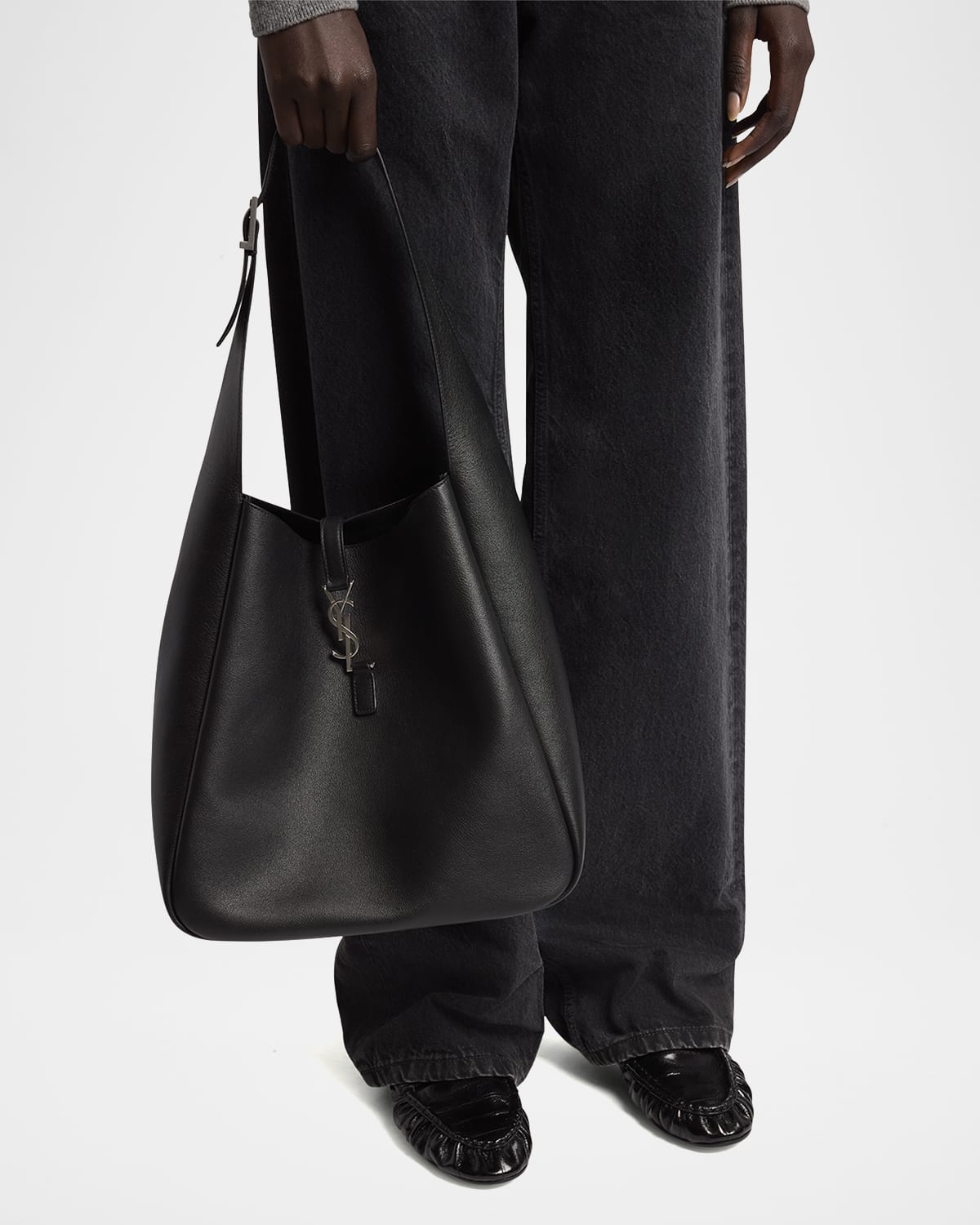 Large supple hobo with silver-tone YSL pull