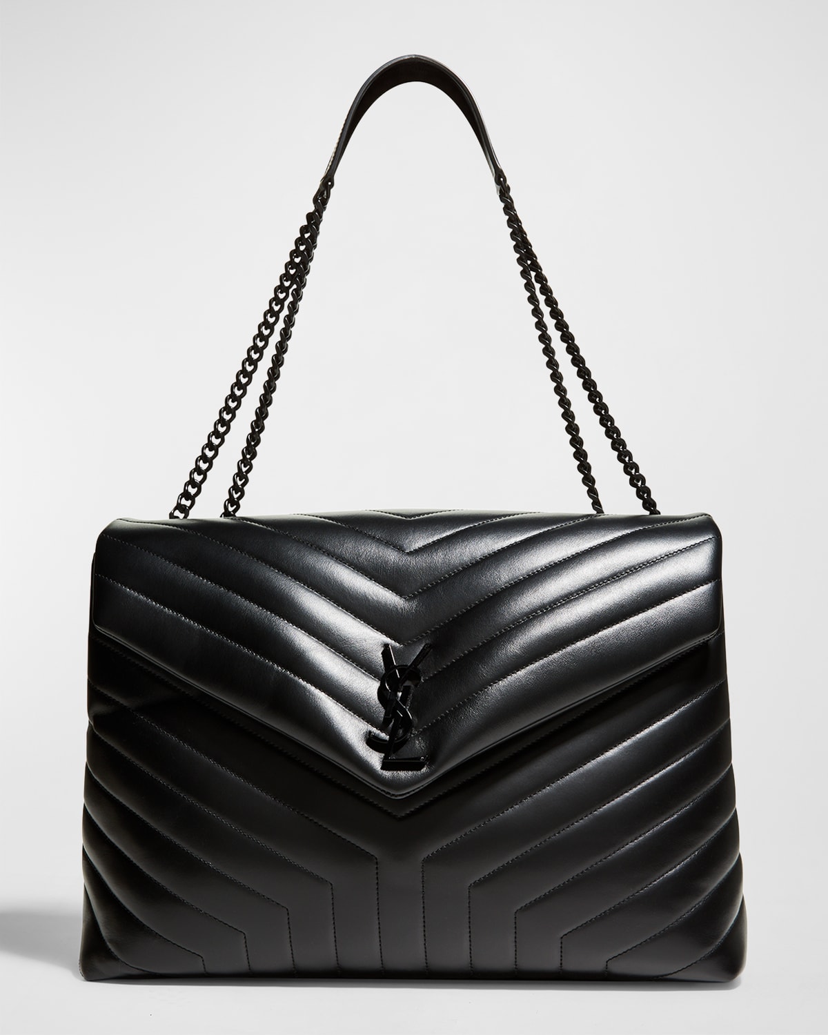 Large in smooth black leather with tonal black hardware and chain