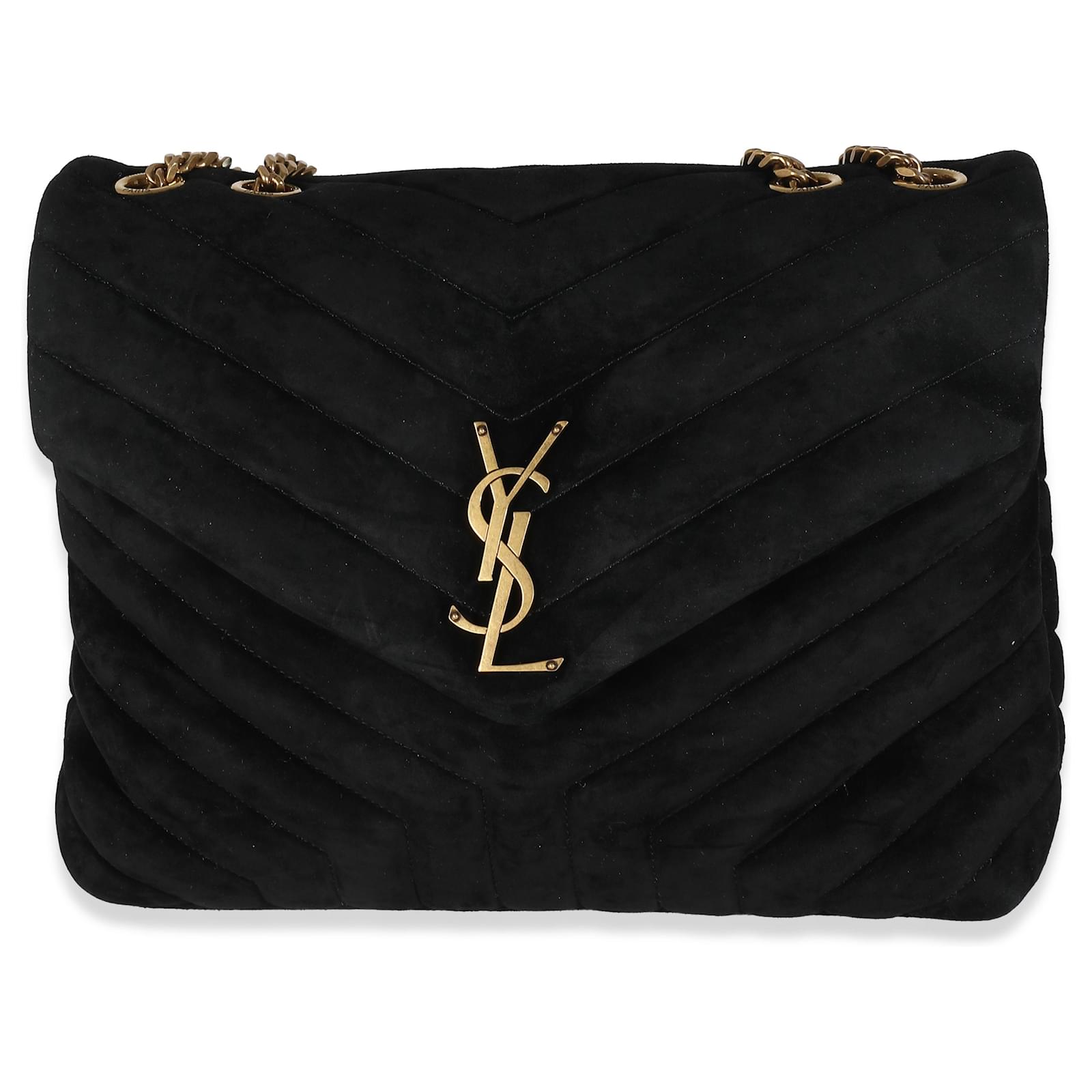 Suede iteration with antiqued gold-tone monogram and chain strap