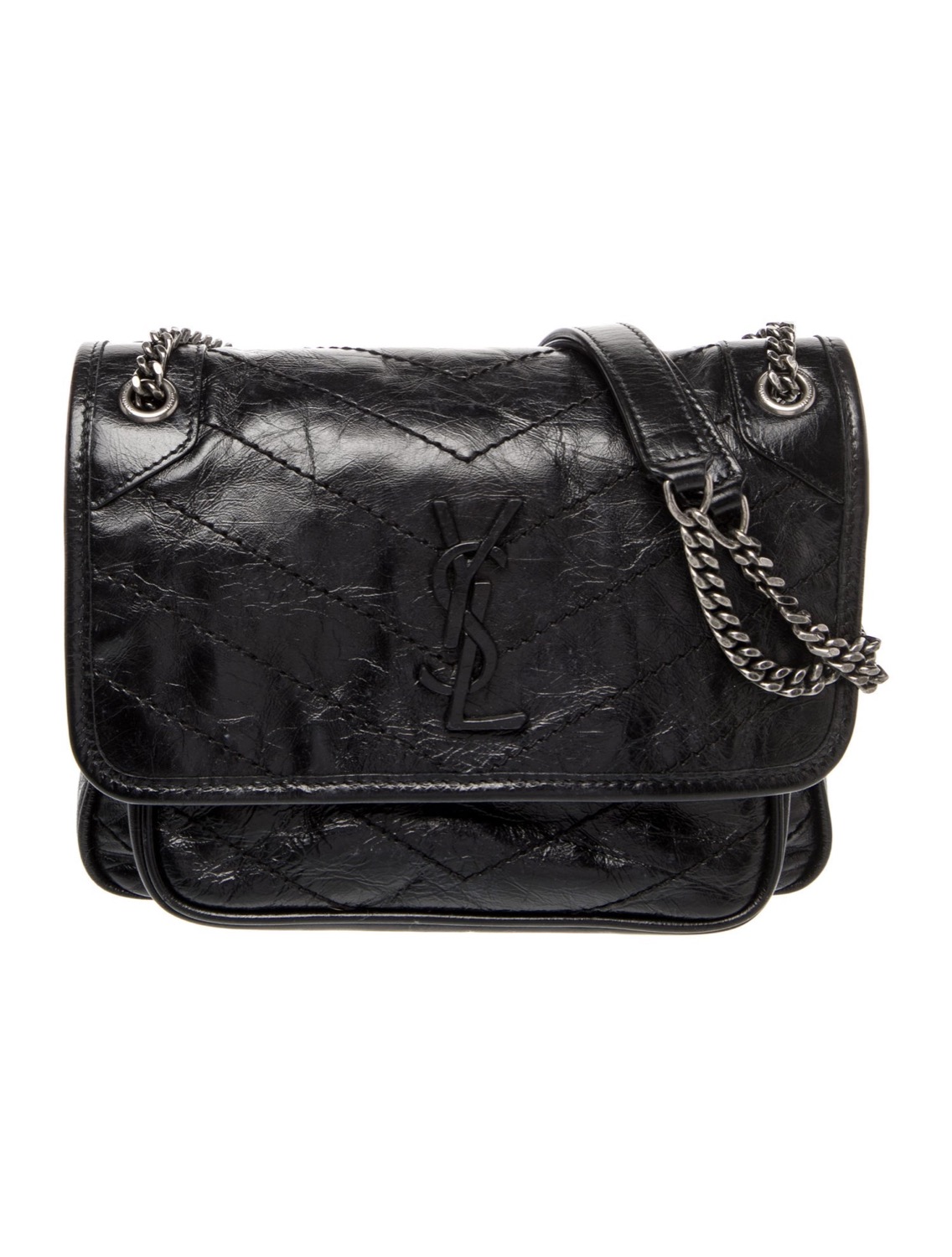 Front flap with the leather-woven chain and silver-tone YSL
