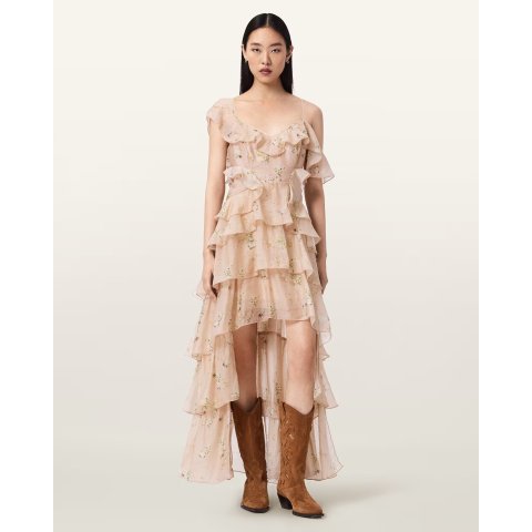 AllSaints EMPOLI Ruffle Maxi Dress Pink