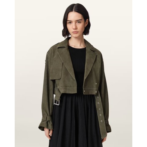 AllSaints Cropped Suede Jacket CALEDONE GREEN