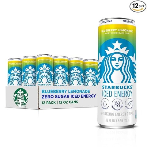 Starbucks Iced Energy Drink Blueberry Lemonade Zero Sugar Plant Based Caffeine 12 Fl Oz Cans (Pack of 12)