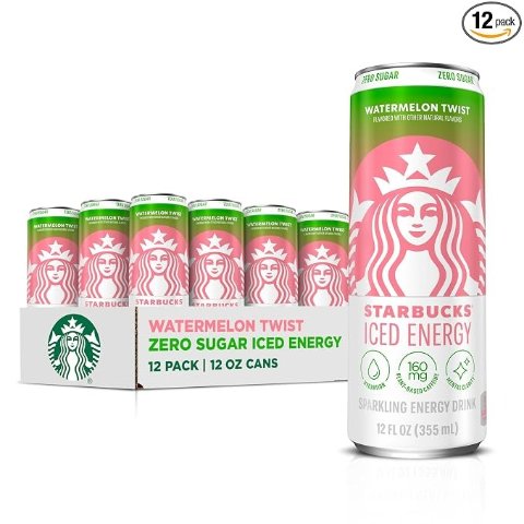 Starbucks Iced Energy Drink Watermelon Splash Zero Sugar Plant-Based Caffeine 12 Fl Oz Cans Pack of 12