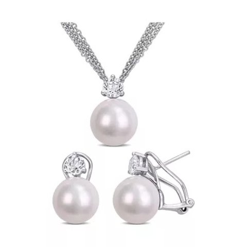 belk Belk & Co. Freshwater Pearl White Topaz Earrings Pendant Silver Chain