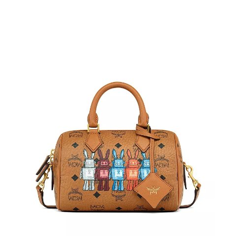 MCM Ella Visetos Boston Hybrid Shoulder Bag Brown