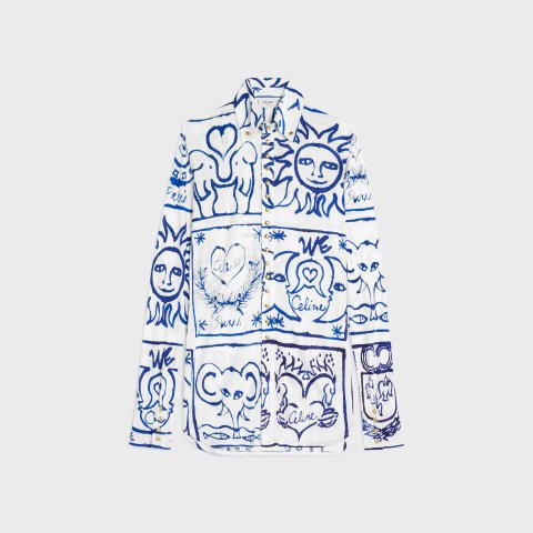 Celine Printed Silk Jersey Shirt Blanc/Bleu