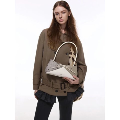 Charles & Keith Hazel Heart-Print Panelled Shoulder Bag Taupe