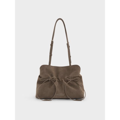 Charles & Keith Reese Ruched Bow Shoulder Bag Stone Grey
