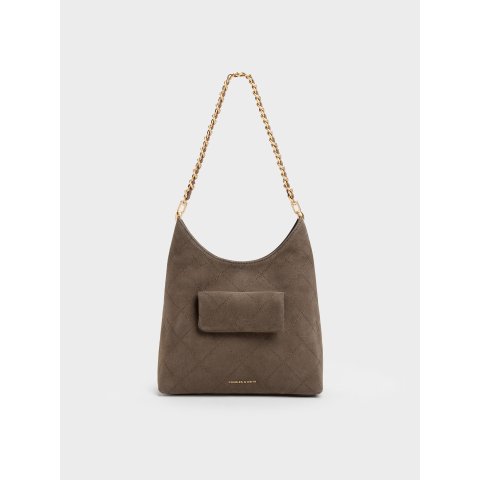 Charles & Keith Duo Quilted Chain Hobo Bag Stone Grey