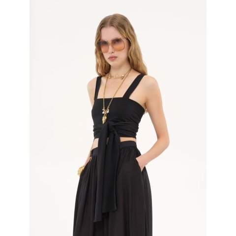 Chloe Black Crepe de Chine Front-Tie Tank Top