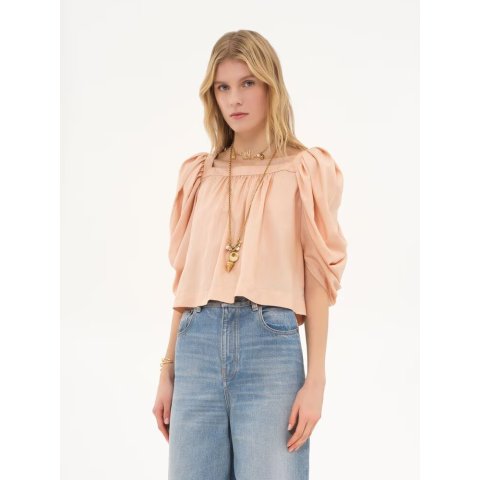 Chloe Silk Poplin Puff-Sleeve Top Pink