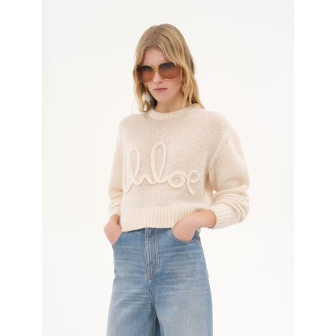 Chloe Logo Alpaca Wool Silk Knit Sweater White