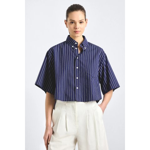 Derek Lam Ember Cropped Shirt Dark Navy Stripe
