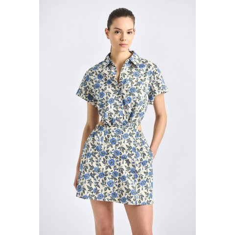 Derek Lam Alba Open Back Shirt Dress Blue Floral