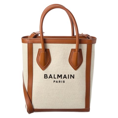 Balmain Logo Canvas and Leather Tote Bag