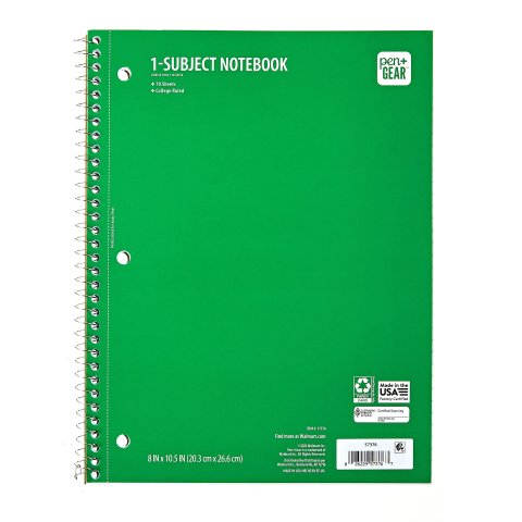 Pen+Gear College Ruled 1-Subject Notebook 8 x 10.5 Inch Green 70 Sheets
