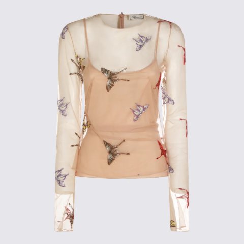 Blumarine Butterfly Print Mesh Blouse Camel