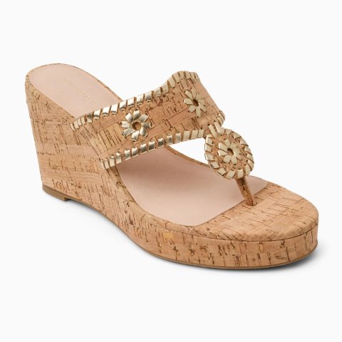 Jack Rogers Jacks High Cork Wedge Heels Gold Metallic
