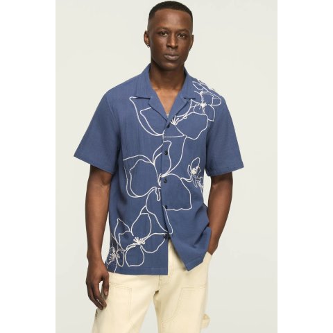 Lucky Brand Short Sleeve Camp Collar Shirt with Floral Embroidery