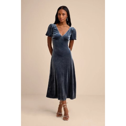 LULUS Velvet Midi Dress Slate Blue