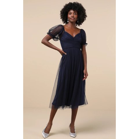 LULUS Navy Tulle Midi Dress Puff Sleeve