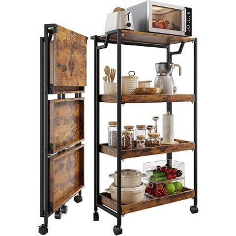 GAOMON Large 4-Tier Collapsible Wooden Storage Shelf with Locking Wheels 100 lbs Capacity