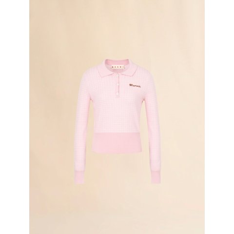 Marni Pink Wool-Silk Jacquard Check Polo Shirt