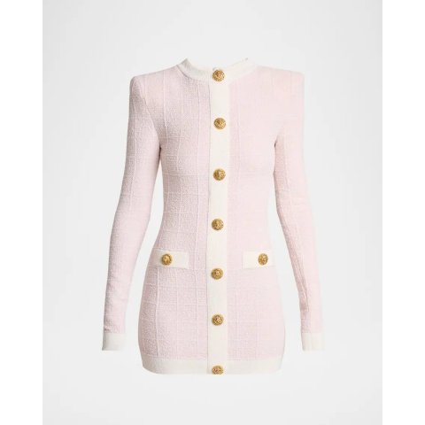 Balmain Boucle Knit Buttoned Strong-Shoulder Mini Dress