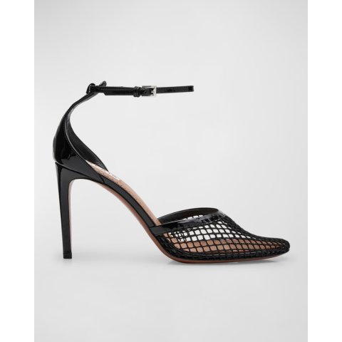 Alaia Fishnet Patent Ankle-Strap Pumps