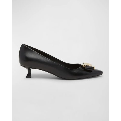 Salvatore Ferragamo Zelma Leather Bow Kitten-Heel Pumps