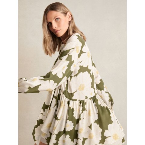 Reiss Floral Tie-Neck Swing Dress Ivory/Green