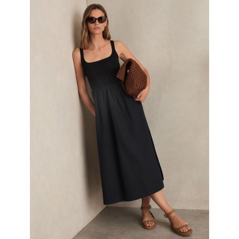Reiss Perforated-Knit Cotton Midi Dress Navy