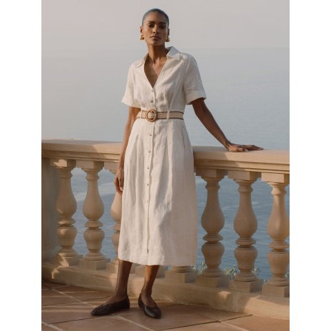 Reiss Linen Belted Midi Shirt Dress Ivory