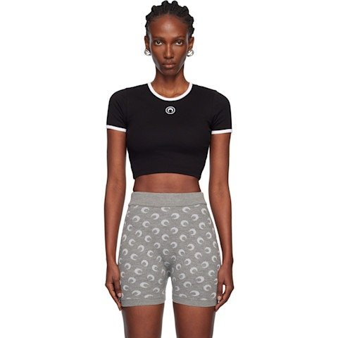 Marine Serre Black Moon Logo Ribbed Cropped T-shirt