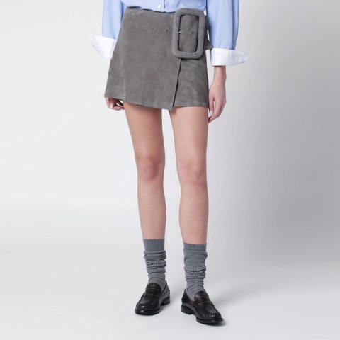 Ami Paris Grey Suede Mini Skirt with Large Buckle Belt