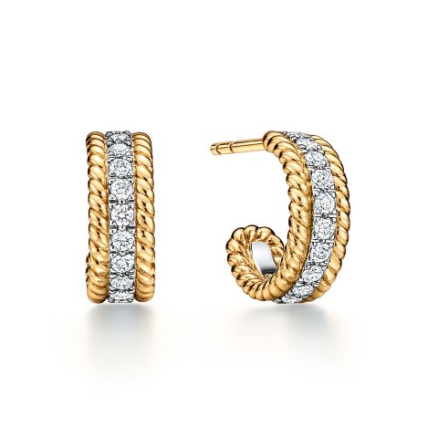 TIFFANY & Co Yellow Gold Platinum Diamond Huggie Earrings