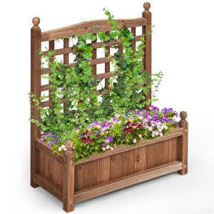 Costway Solid Wood Weather-Resistant Outdoor Planter Box with Trellis