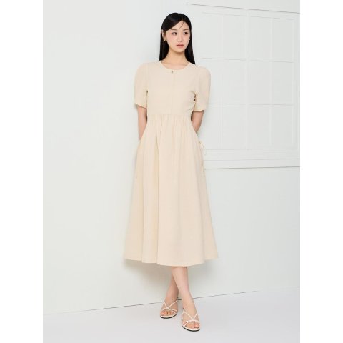 Seersucker Puff Sleeve Flare Dress GS6P0OP611