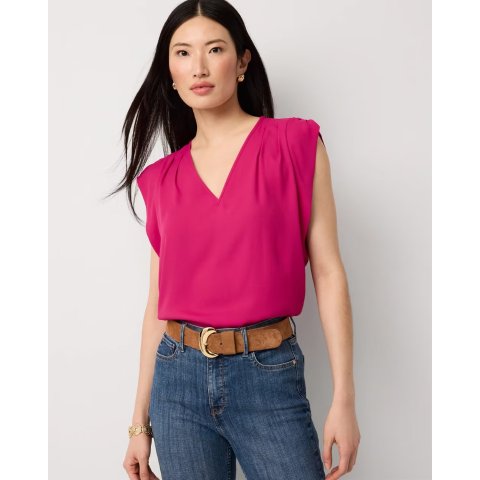 White House Black Market Ruched Shoulder Crepe Top