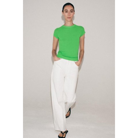 Zara Short Sleeve Rib Knit Top Green