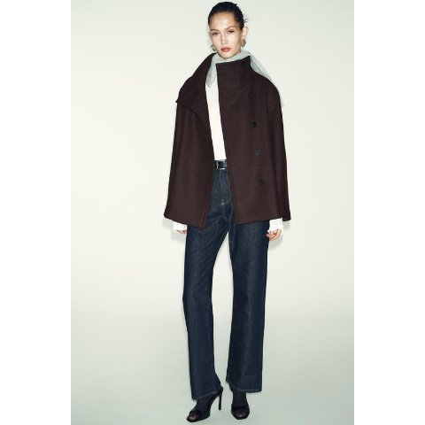 Zara High Neck Wool Blend Short Coat Brown