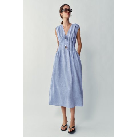 Zara Linen Pintuck Midi Dress V-Neck