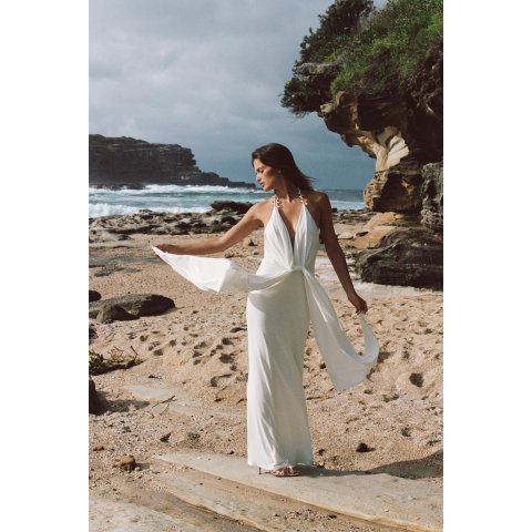 Zara Beaded Halter Maxi Dress Deep V Backless