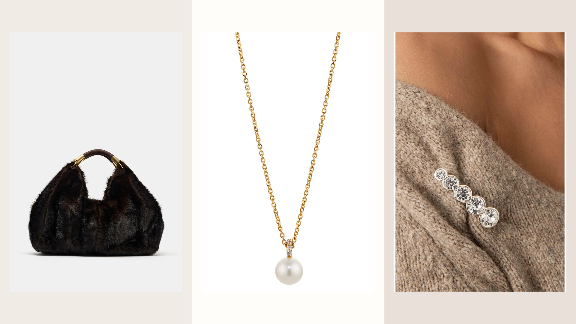 Faux-fur bag, pearl pendant, and crystal brooch accessory collage