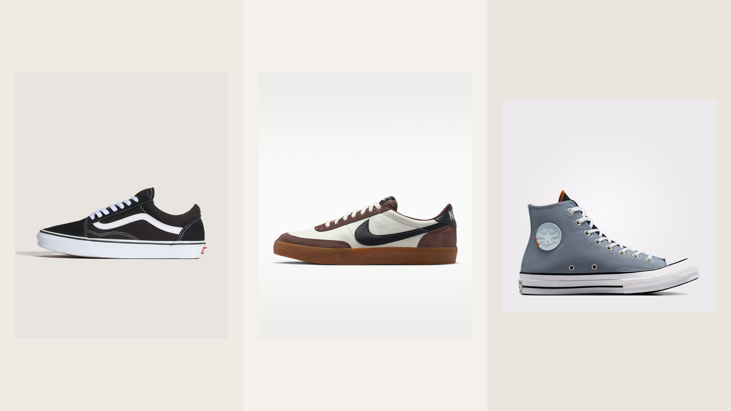 Vans Old Skool, Nike Killshot 2 Leather, and Converse Chuck 70 sneakers